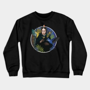 Cat Girl with tropical birds in twilight garden Crewneck Sweatshirt